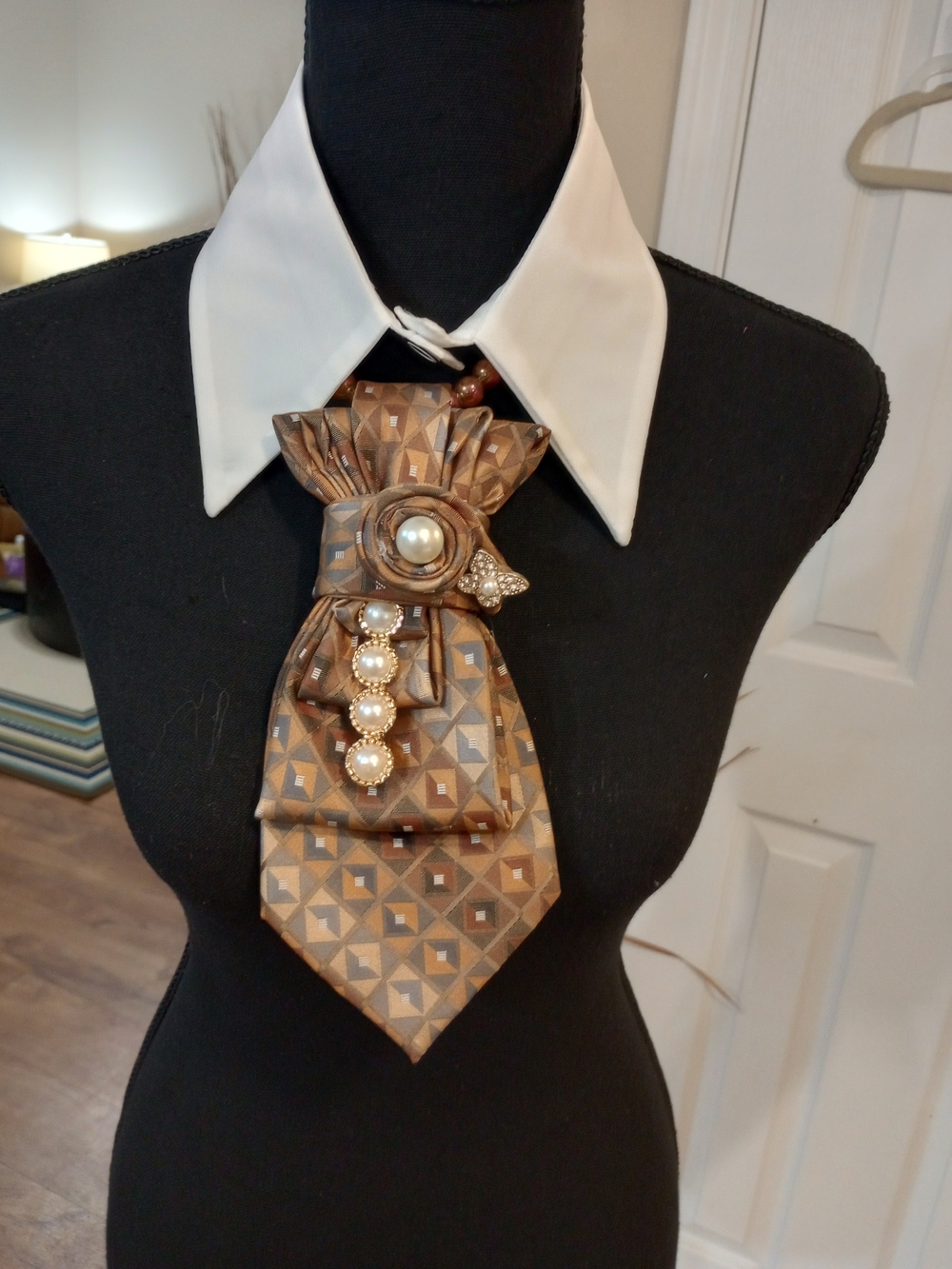 Women's Brown Geometric Statement Necklace Cravat with Pearl Accents